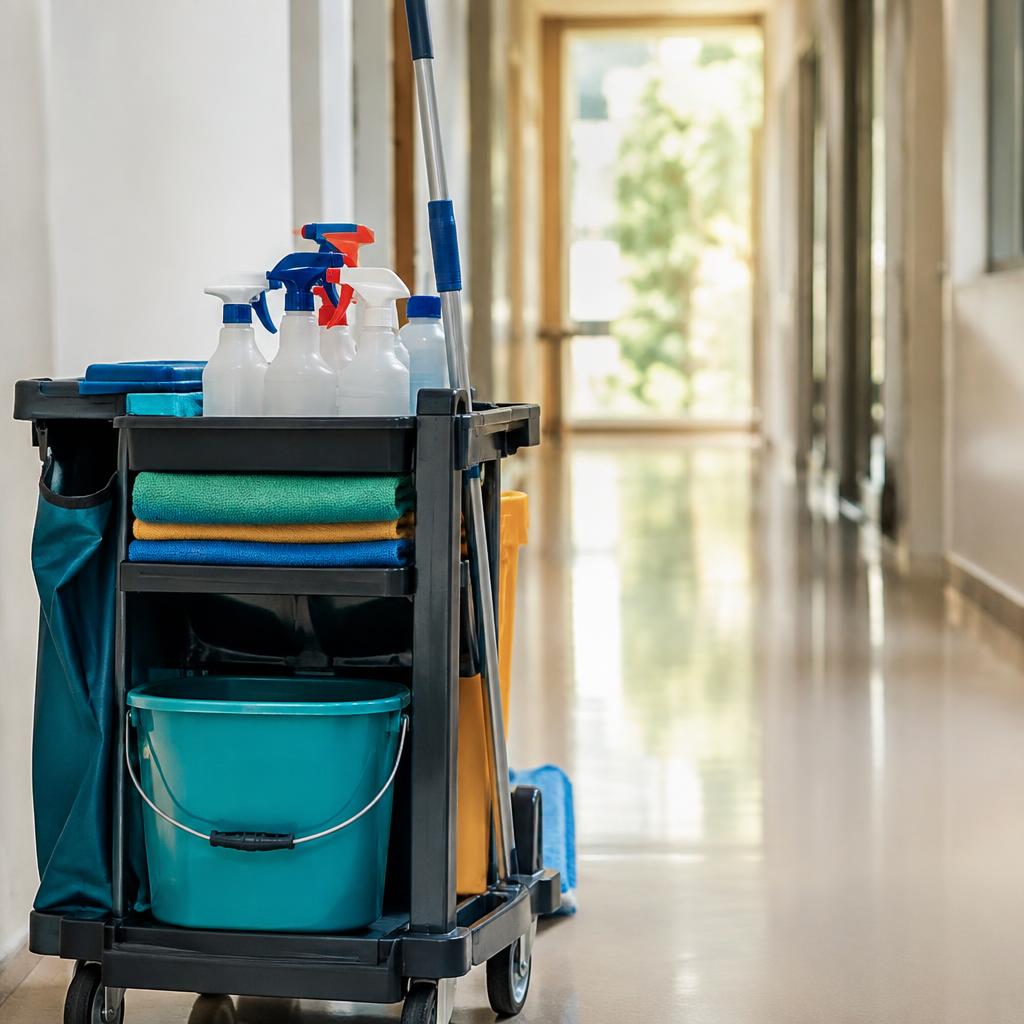 A janitorial cart stocked with cleaning supplies