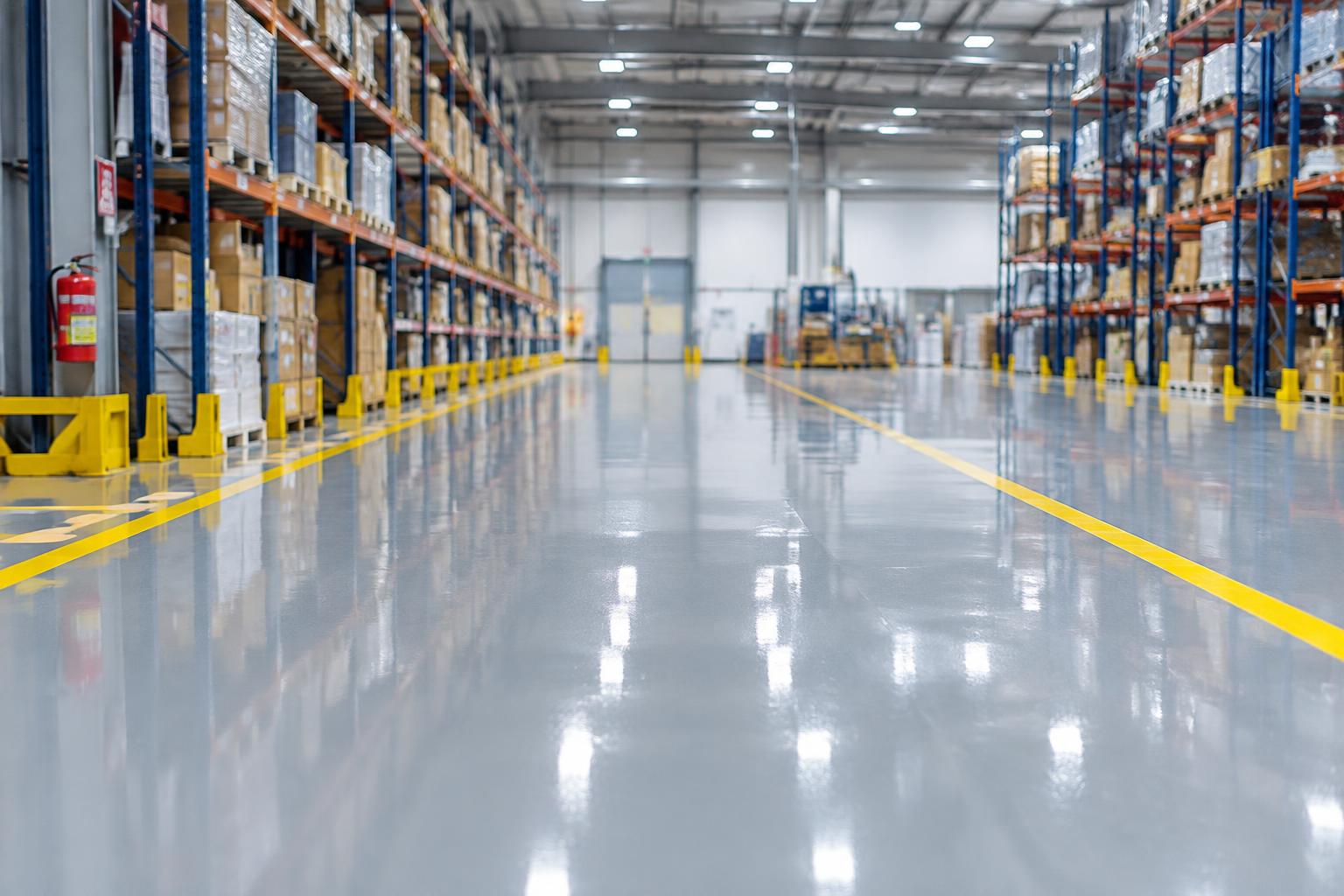 A clean, polished warehouse floor